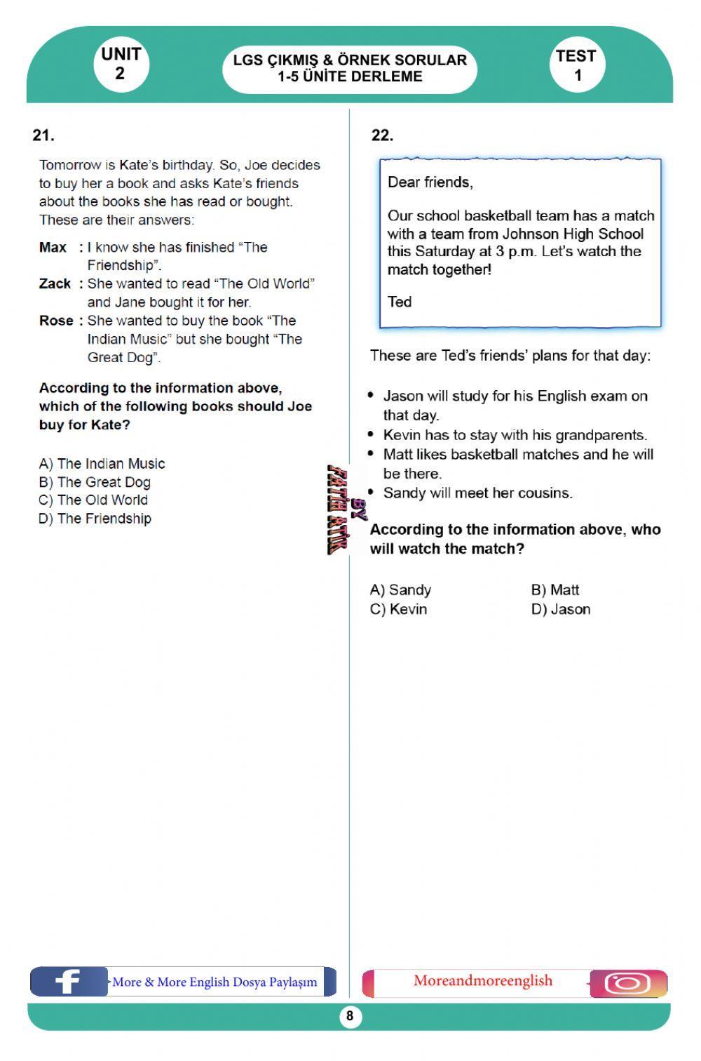 8. Sınıf İngilizce 2. Ünite Test