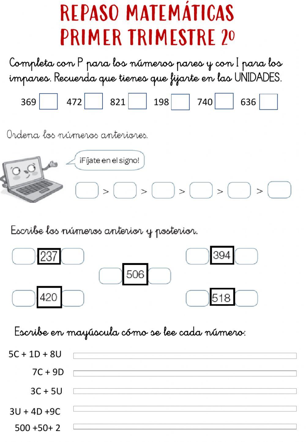 Repaso Primer trimestre Matemáticas 2º
