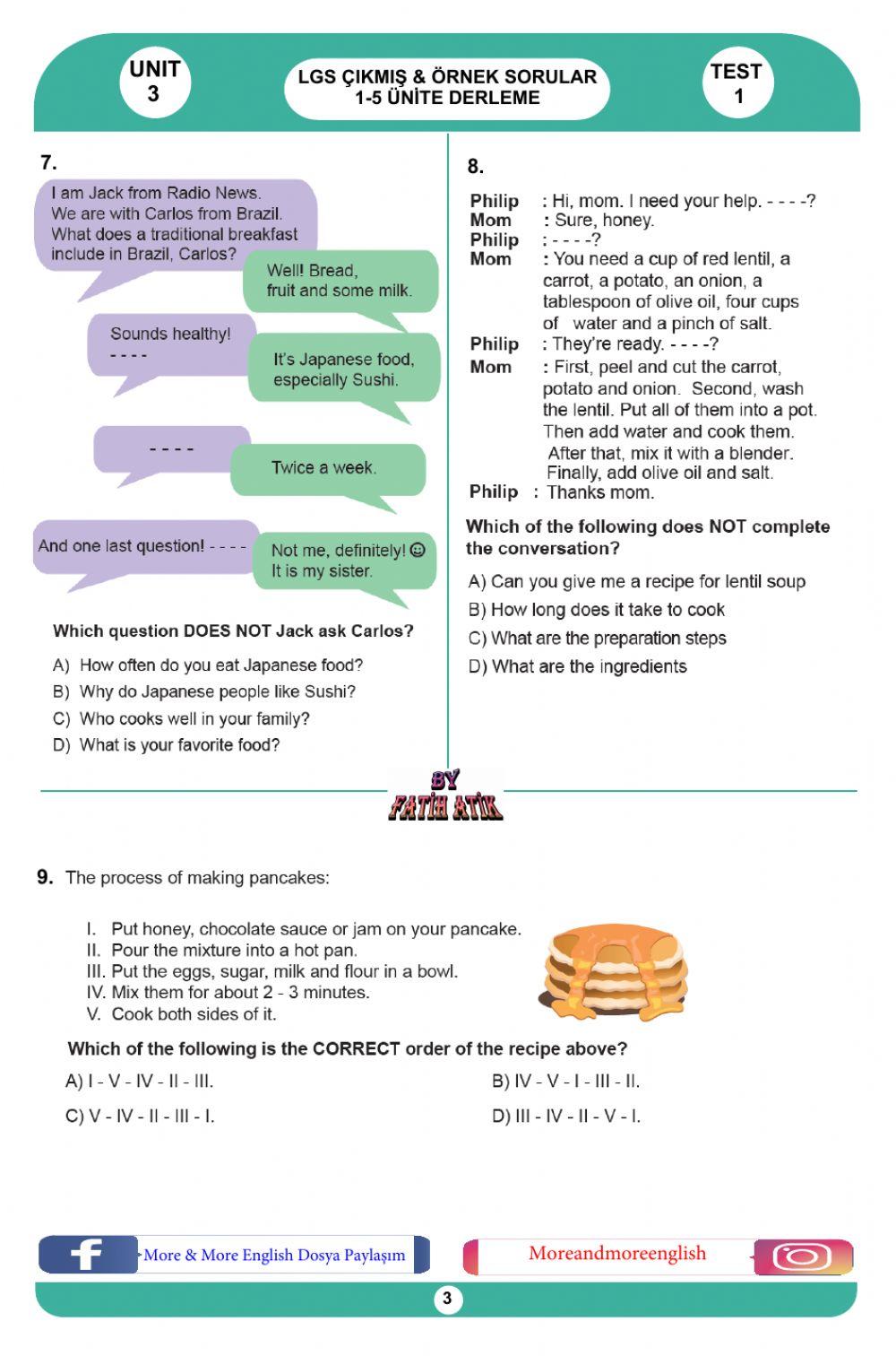 8. sınıf ingilizce 3. ünite test