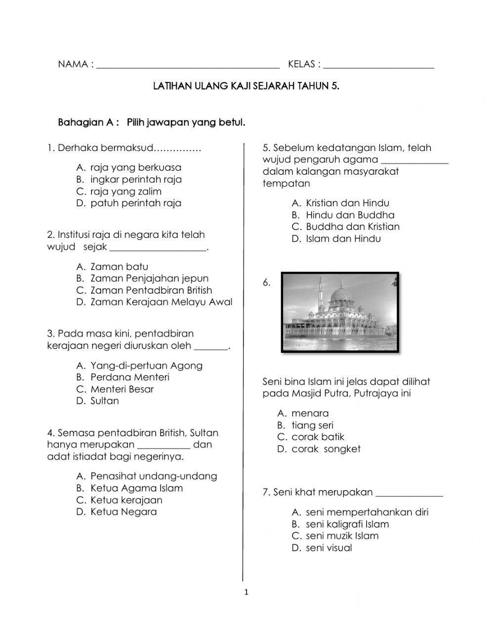Set 1 Latihan Ulang Kaji Sejarah Tahun 5