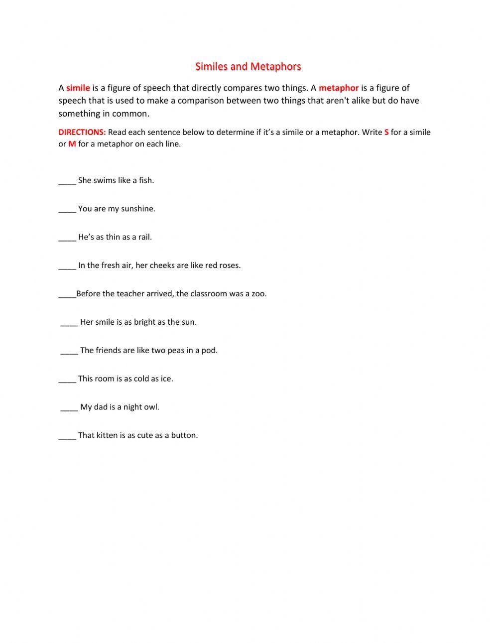 Similes and Metaphor practice