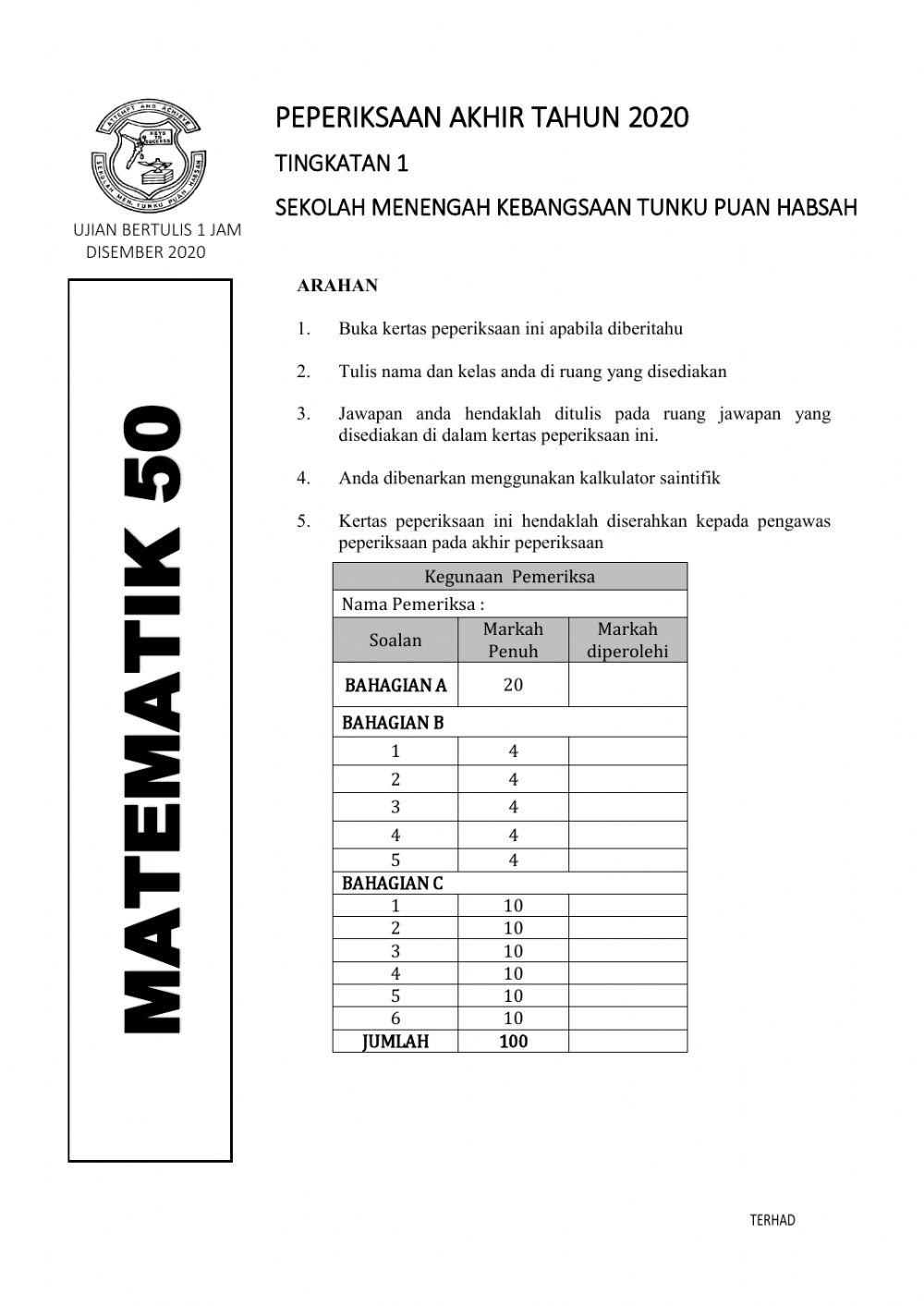 Peperiksaan Akhir Tahun Matematik Tingkatan 1 (Bahagian A) worksheet