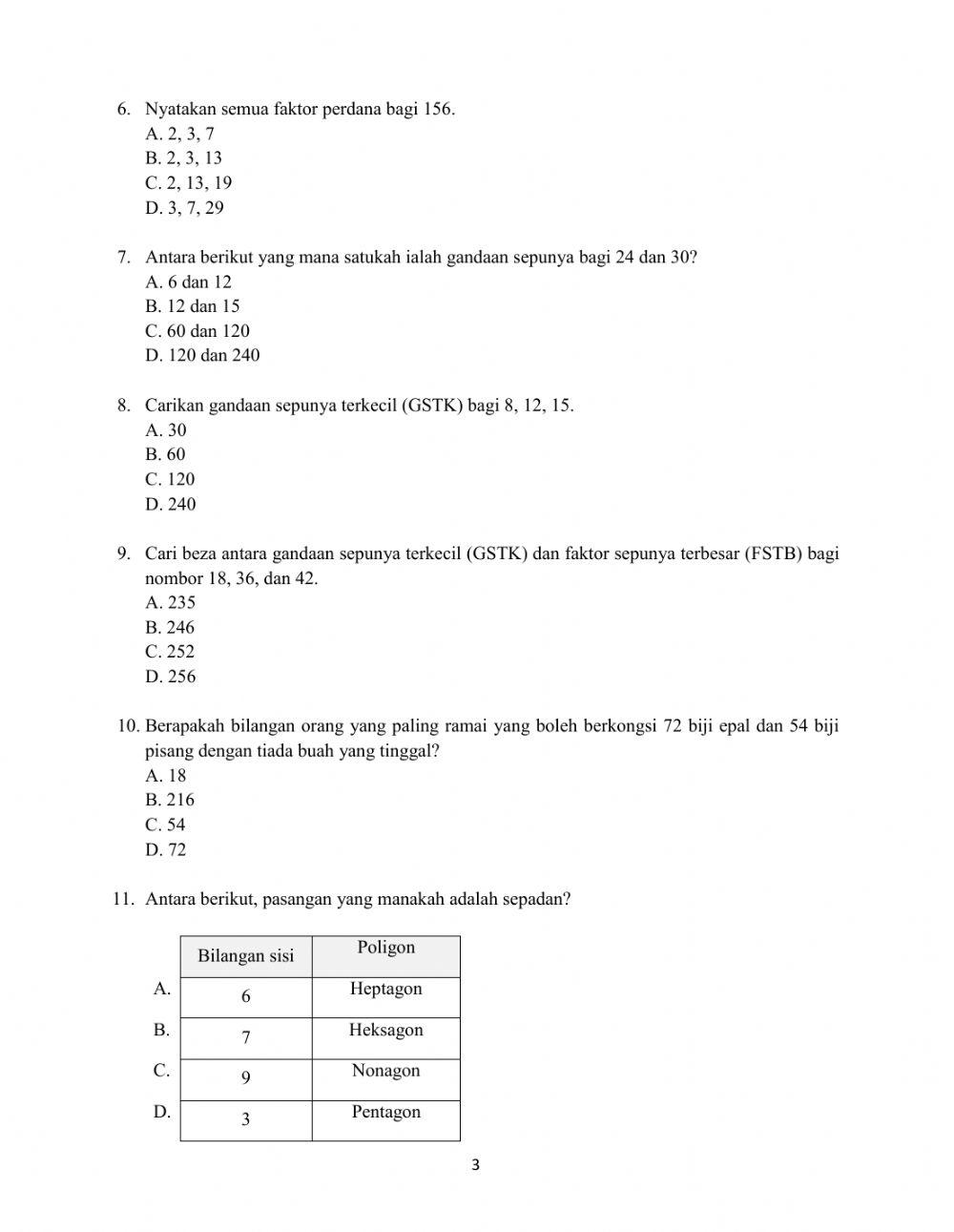 Peperiksaan Akhir Tahun Matematik Tingkatan 1 (Bahagian A)