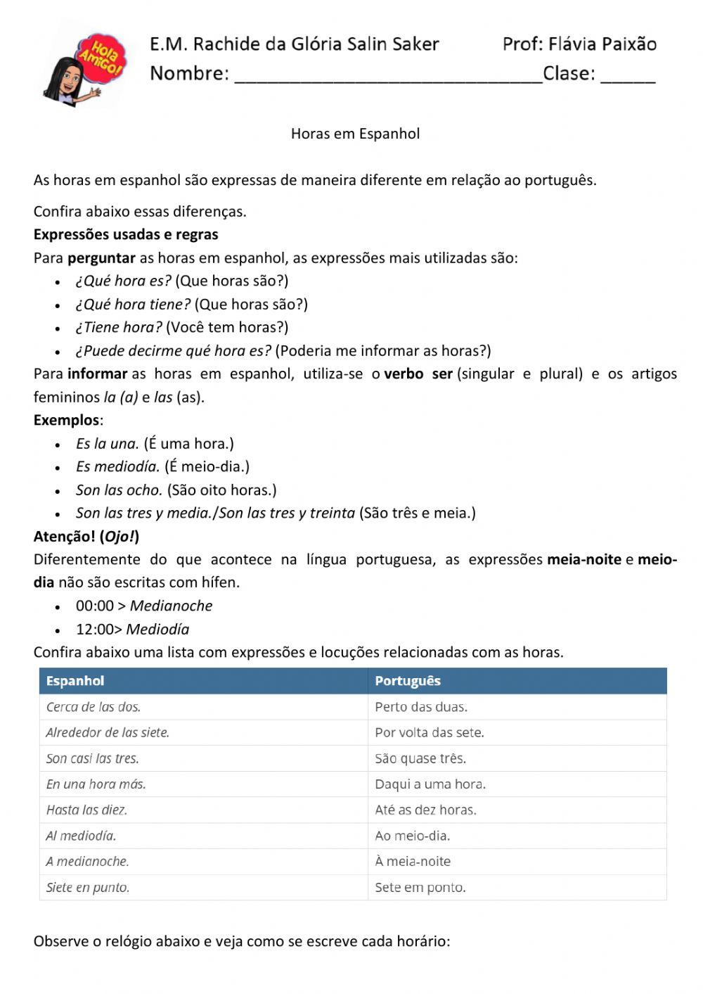 Las horas em espanhol