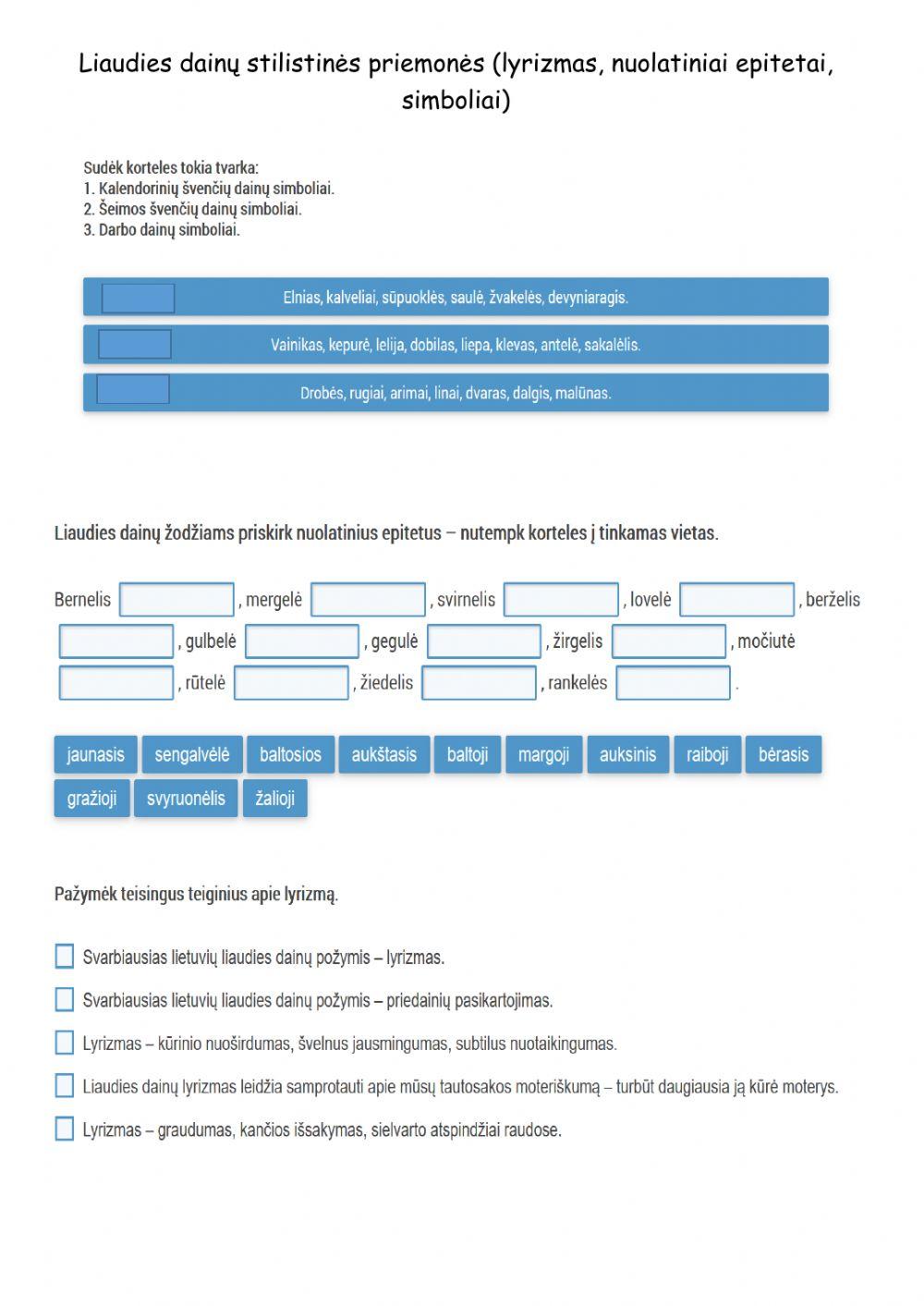 Liaudies dainų stilistinės priemonės (lyrizmas, nuolatiniai epitetai, simboliai)