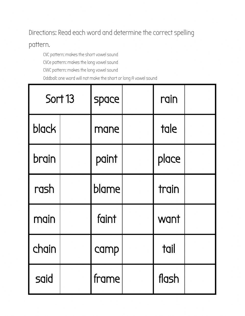 Sort 13: Short a and Long a