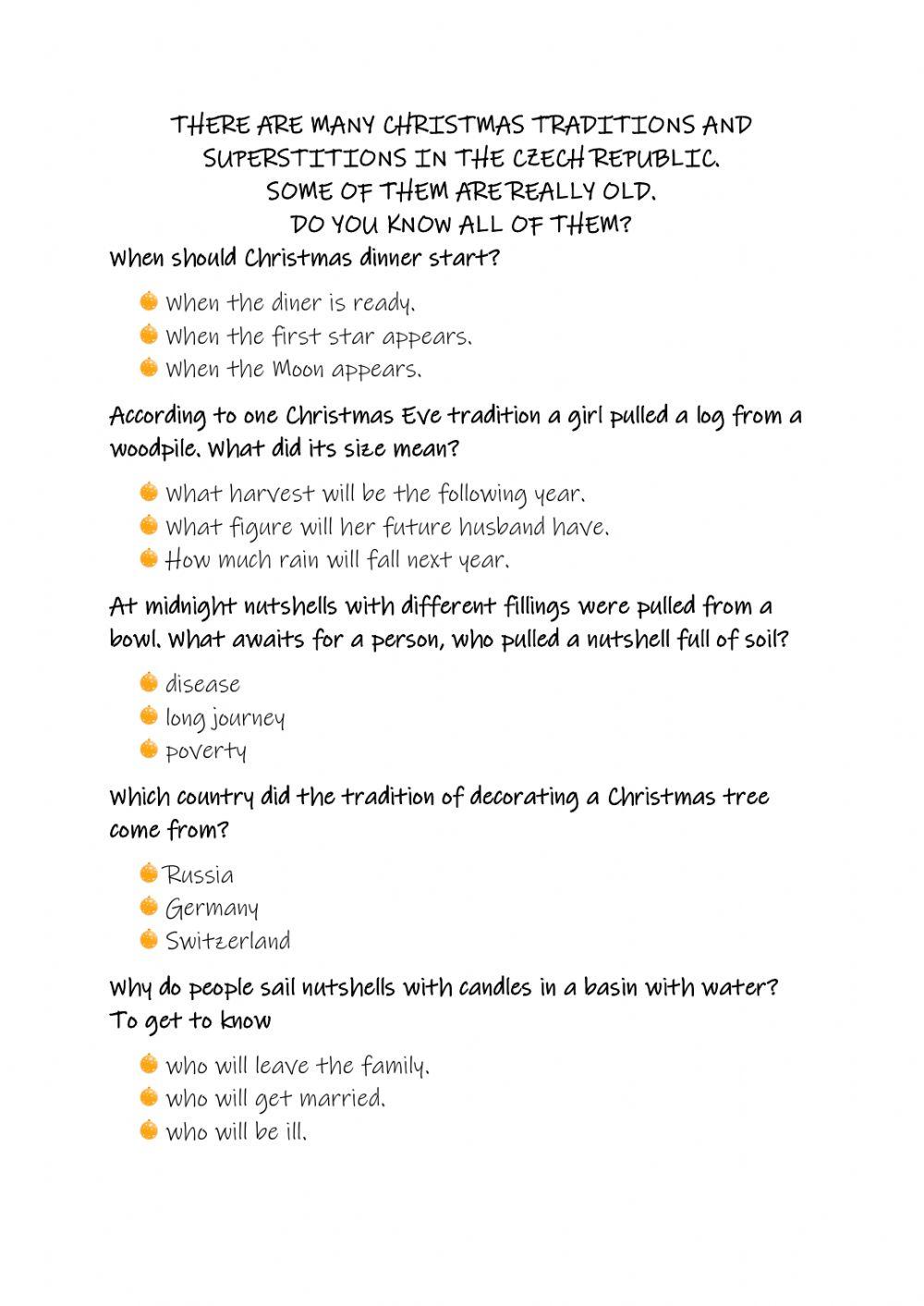 Czech Christmas traditions and superstitions worksheet | Live Worksheets