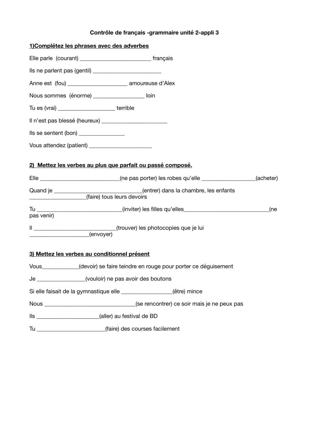 Contrôle de grammaire unité 2 appli ado 3