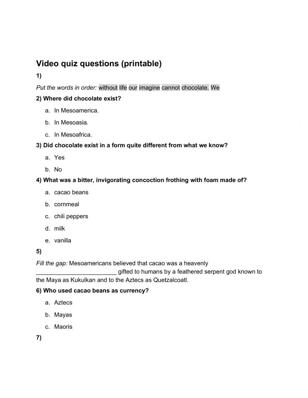 THE HISTORY OF CHOCOLATE WORKSHEET 6304619 Jacqueine