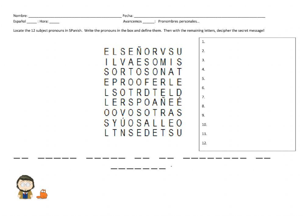 SP1 Subject Pronouns Word Search
