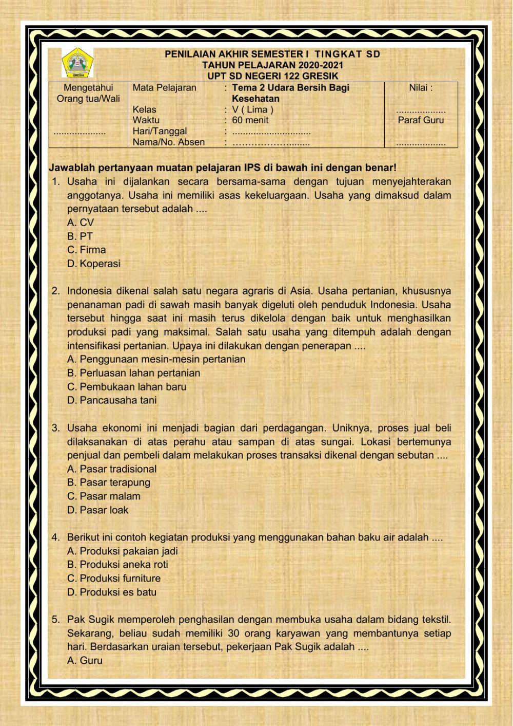 PAS I Tema 2 IPS Kelas 5 Tahun Pelajaran 2020-2021