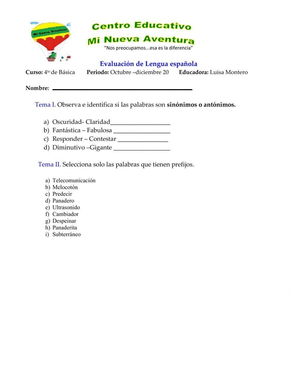 Examen de Lengua Española 5to Mna