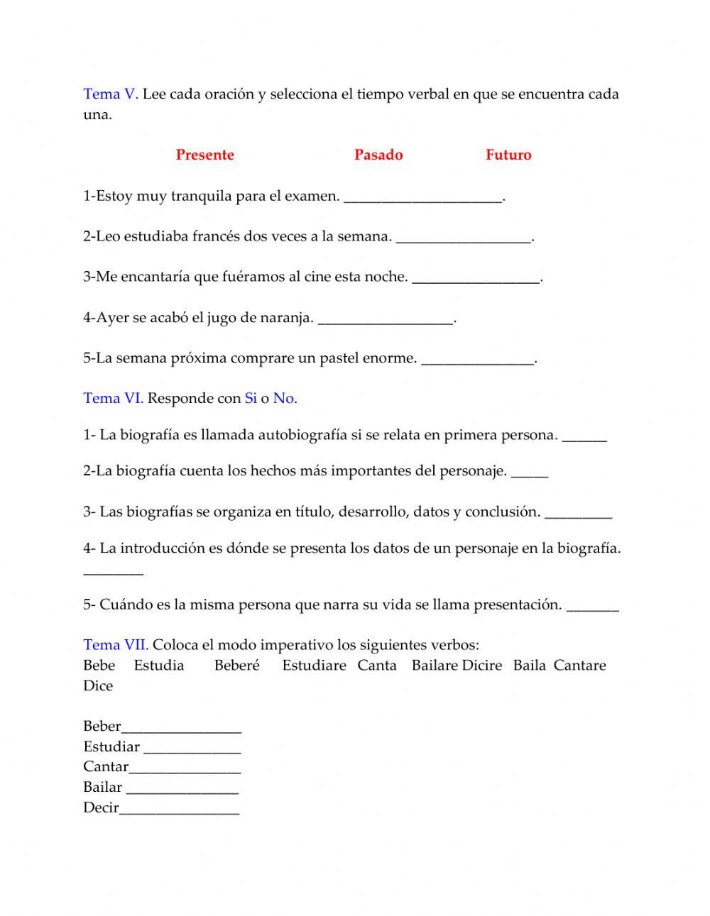 Examen de Lengua Española 5to Mna