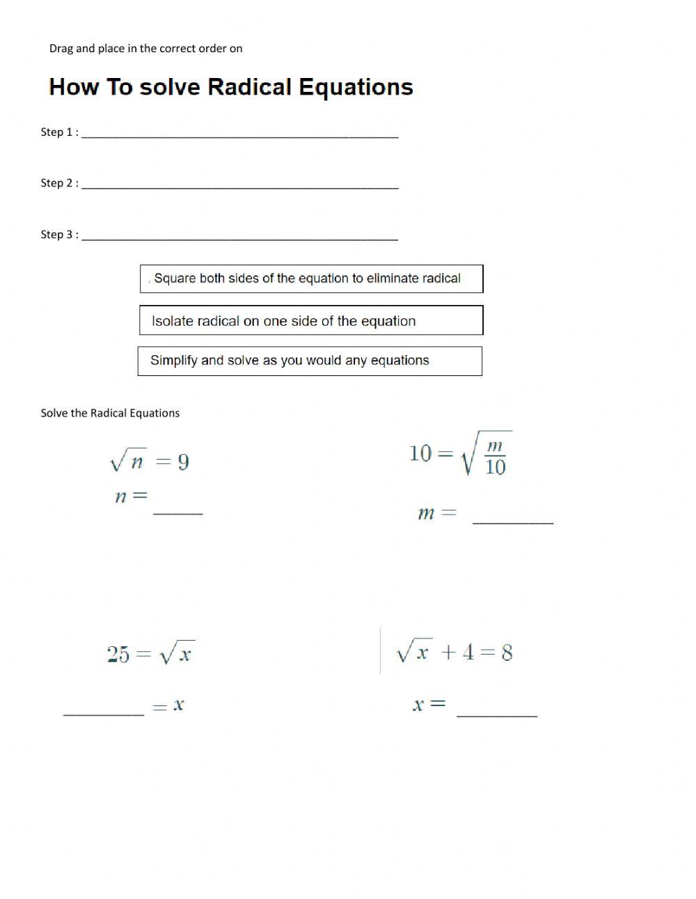 Solving Radical Equations online exercise for | Live Worksheets