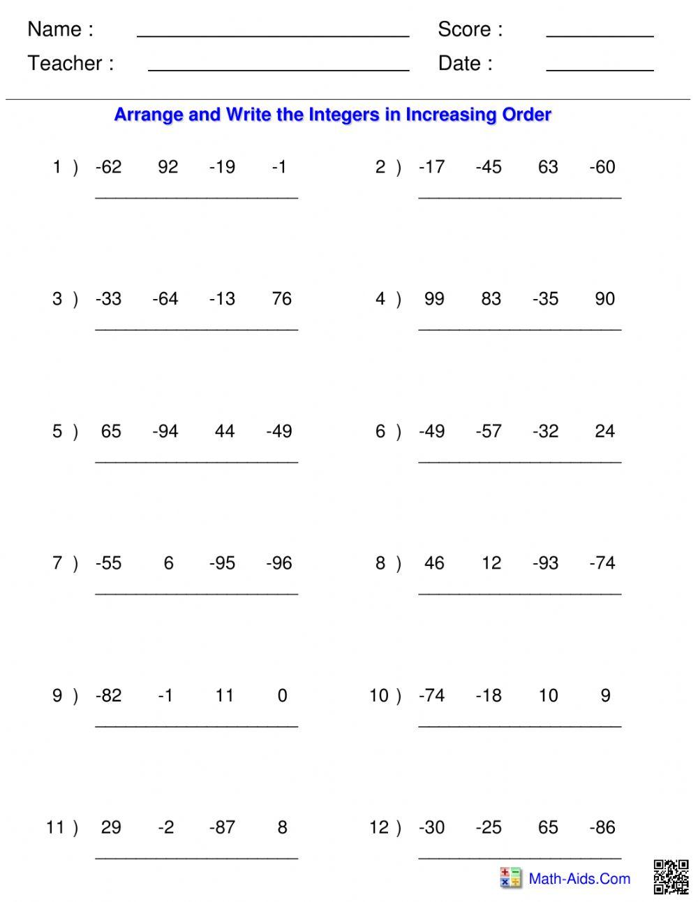 Ordering Integers in Increasing Order online exercise for | Live Worksheets