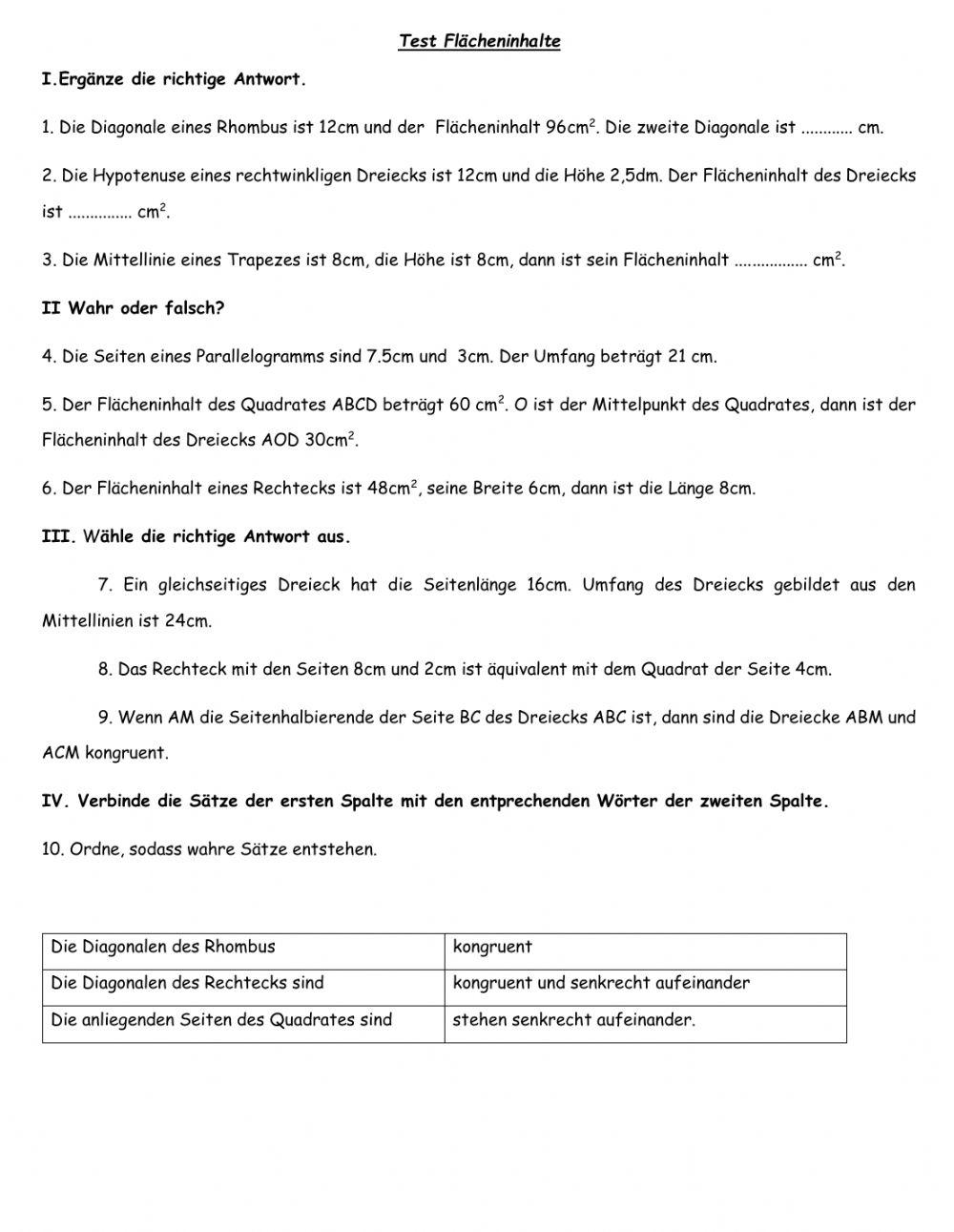 Flächeninhalte und Elemente der Vierecke