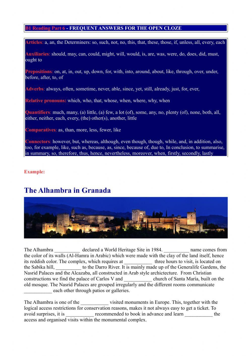 PET Reading Part 6 -The Alhambra - Granada-