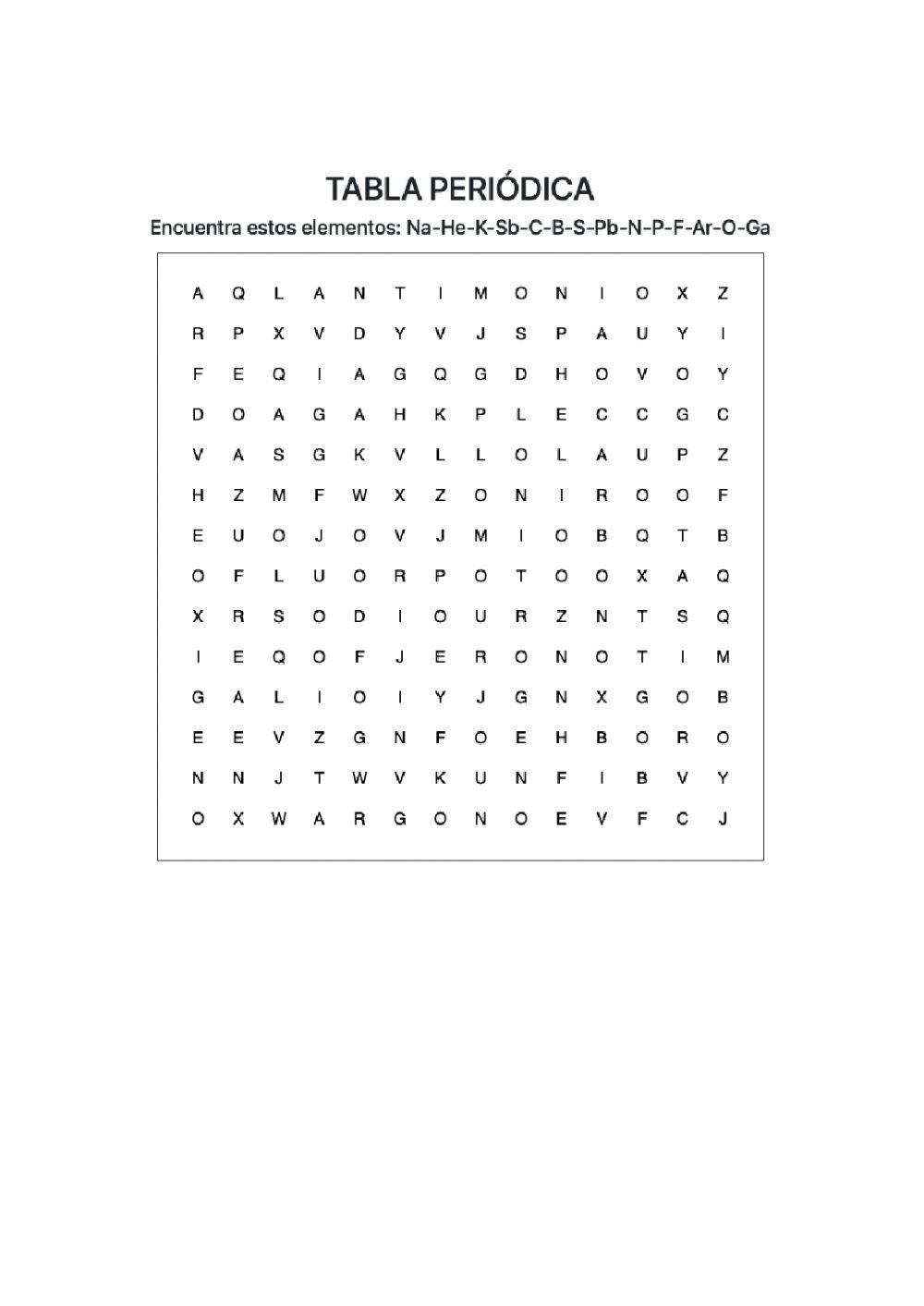 Sopa de letras tabla periódica