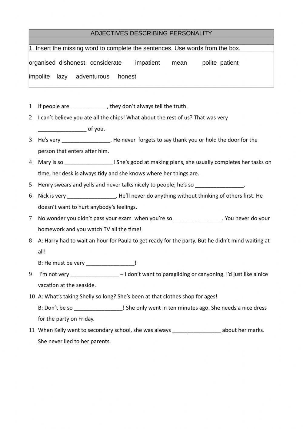 Adjectives describing personalitiy