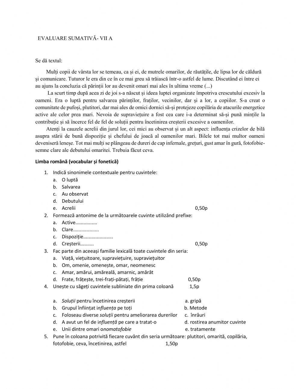 Test sumativ-narativul, vocabularul și fonetica