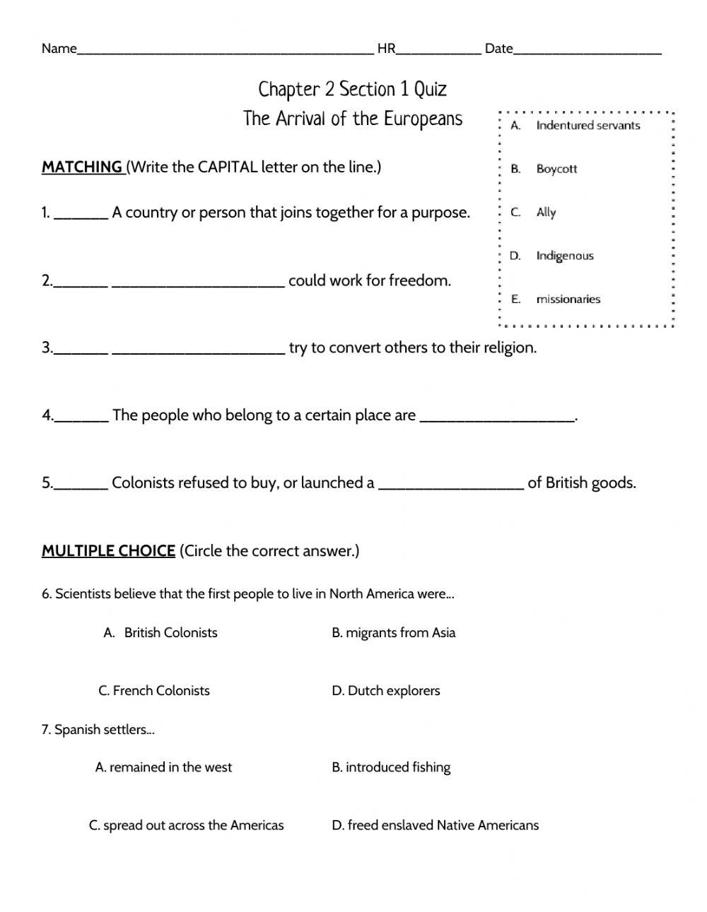 Chapter 2 section 1 quiz the arrival of the europeans online exercise