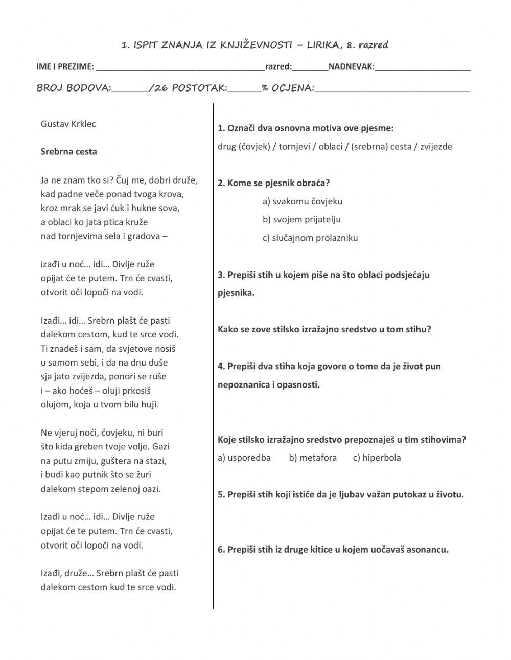 Ispit znanja iz književnosti za 8.r.