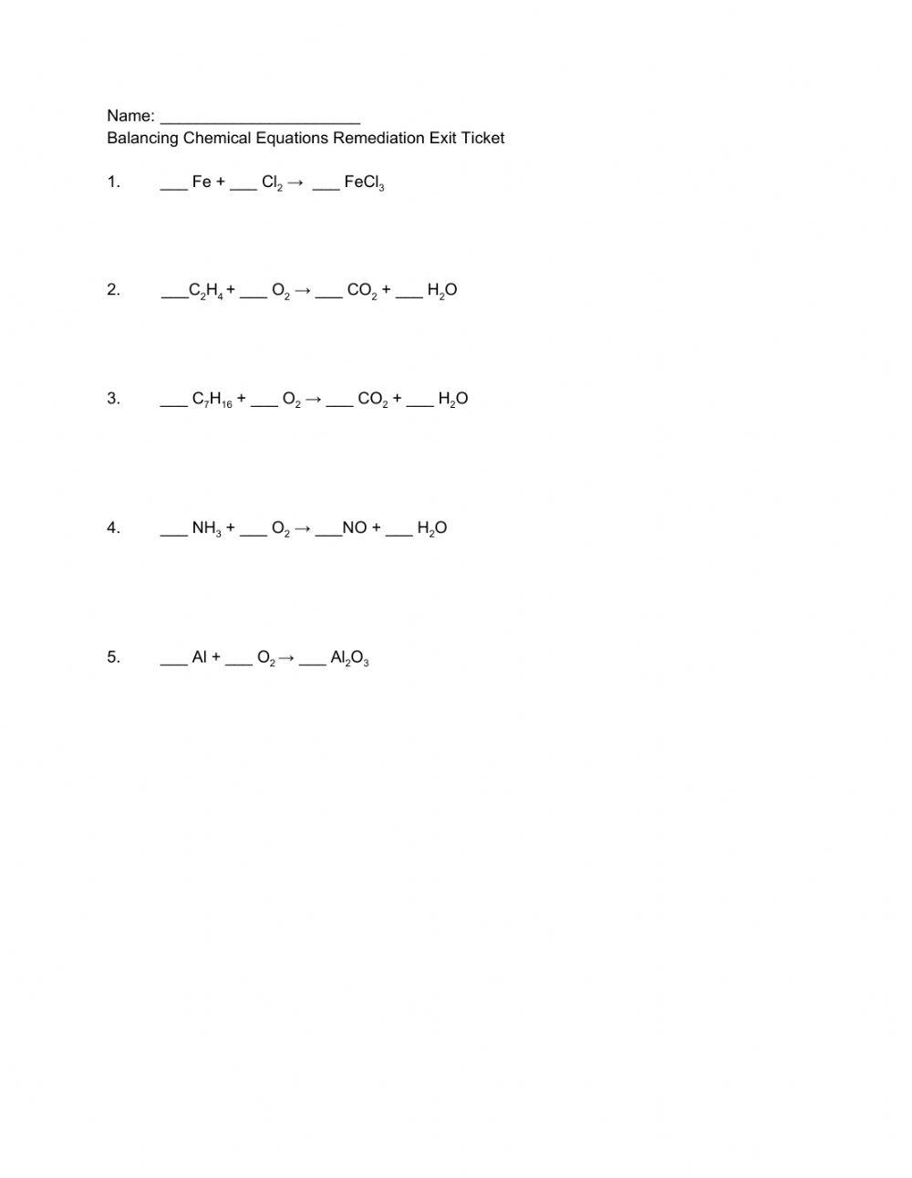 Balancing Chemical Equations Remediation Exit Ticket