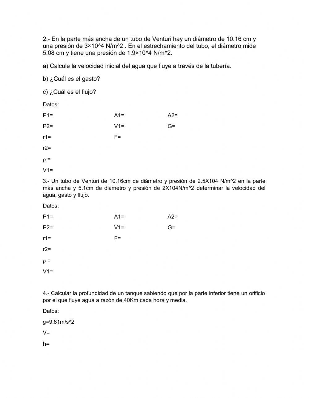 Problemas del tubo de pitot y venturi