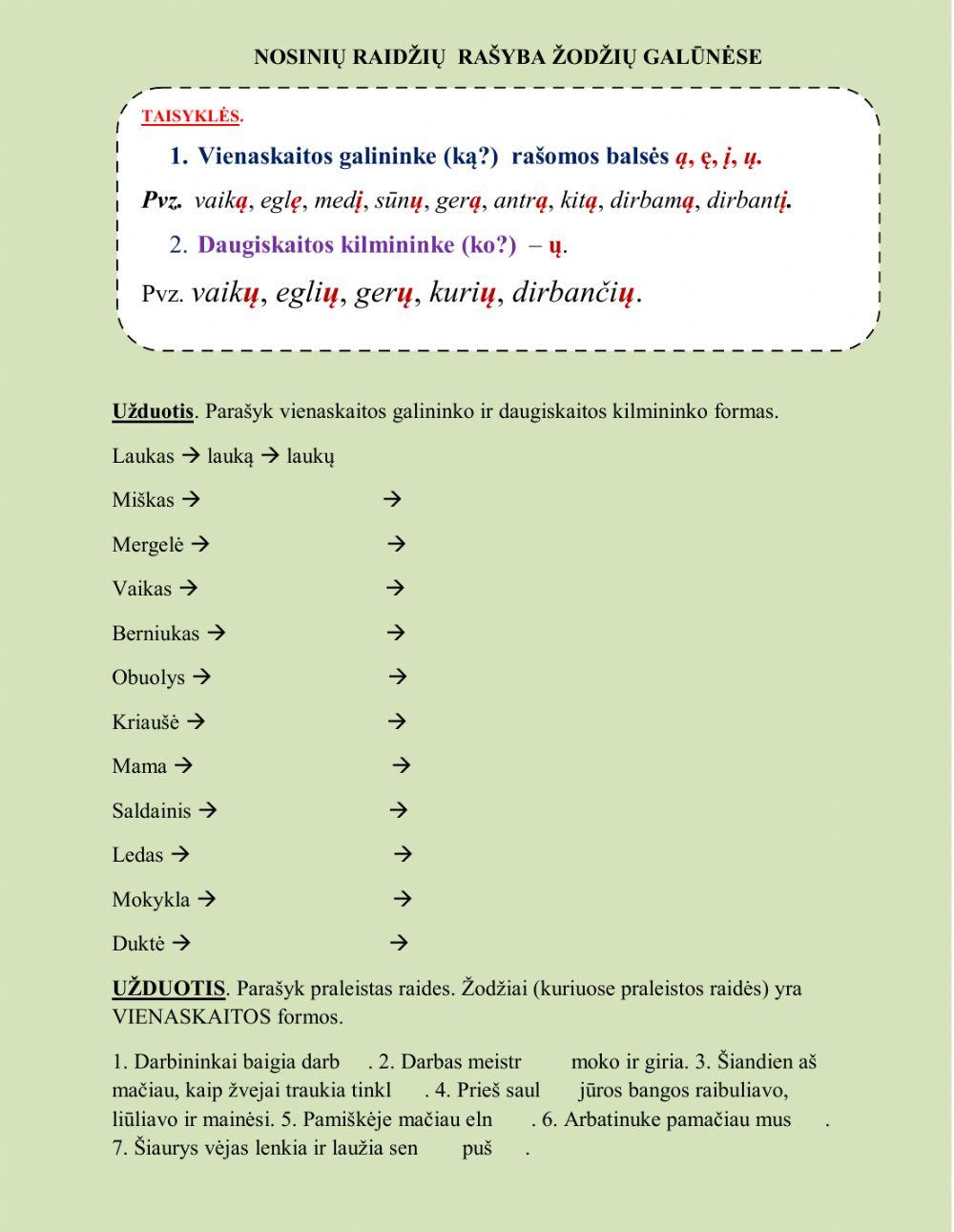 Vienaskaitos galininko ir daugiskaitos kilmininko galūnių rašyba