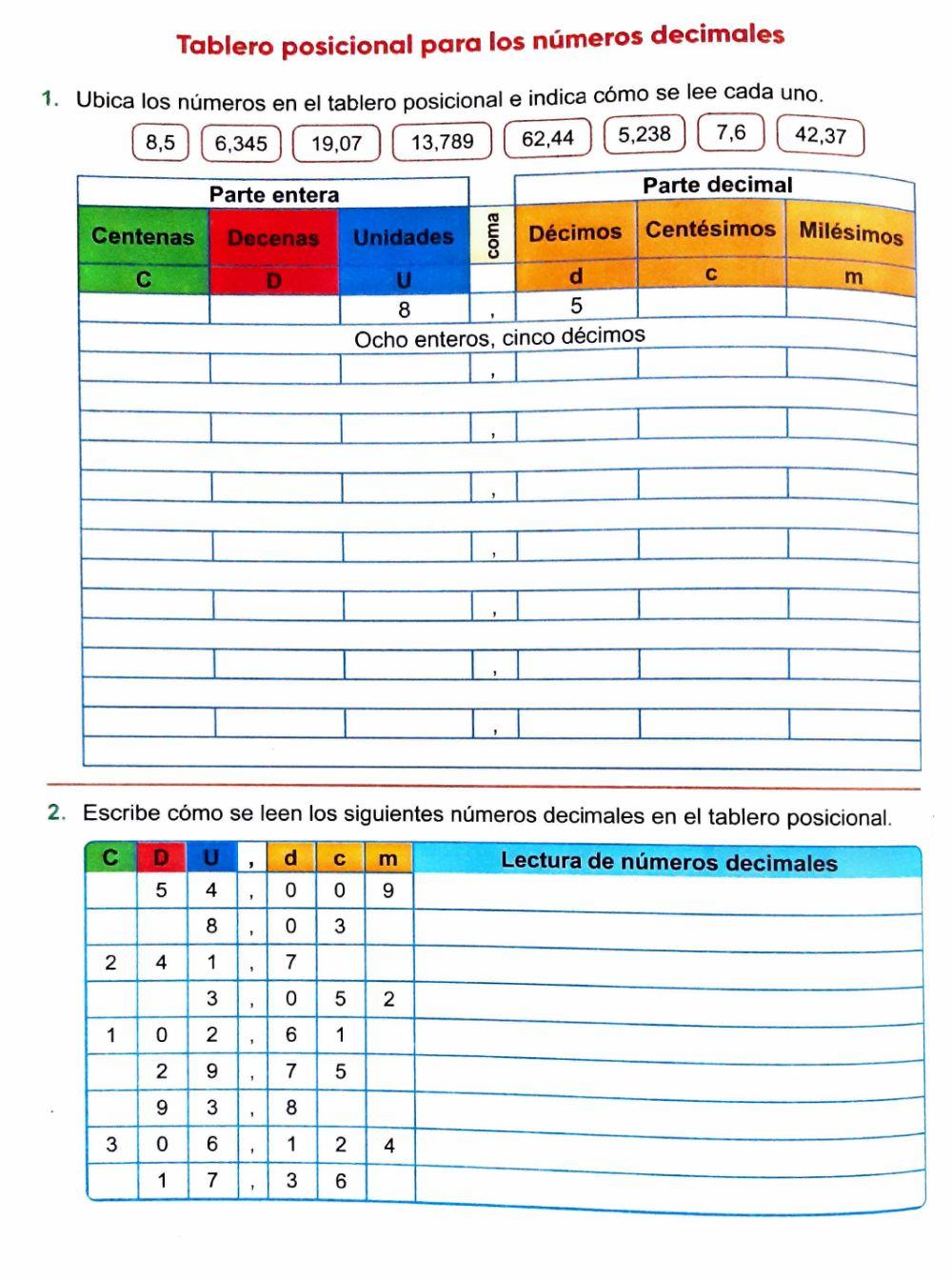 Lectura y escritura de números decimales