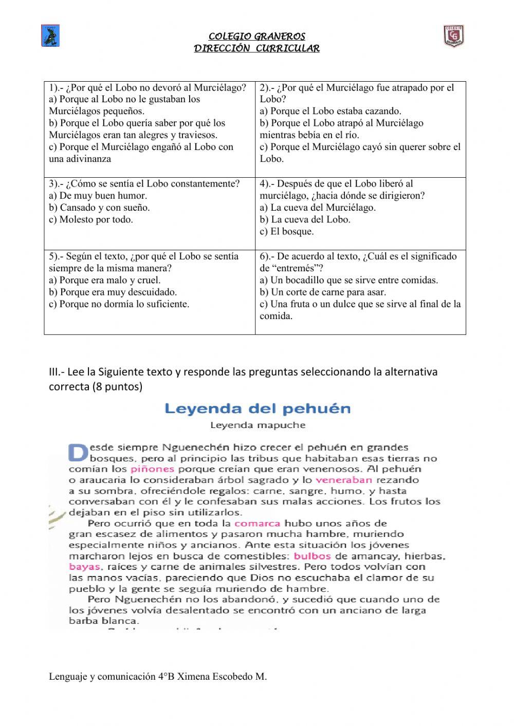 Diagnostico prueba D.I.A LENGUAJE 4°B