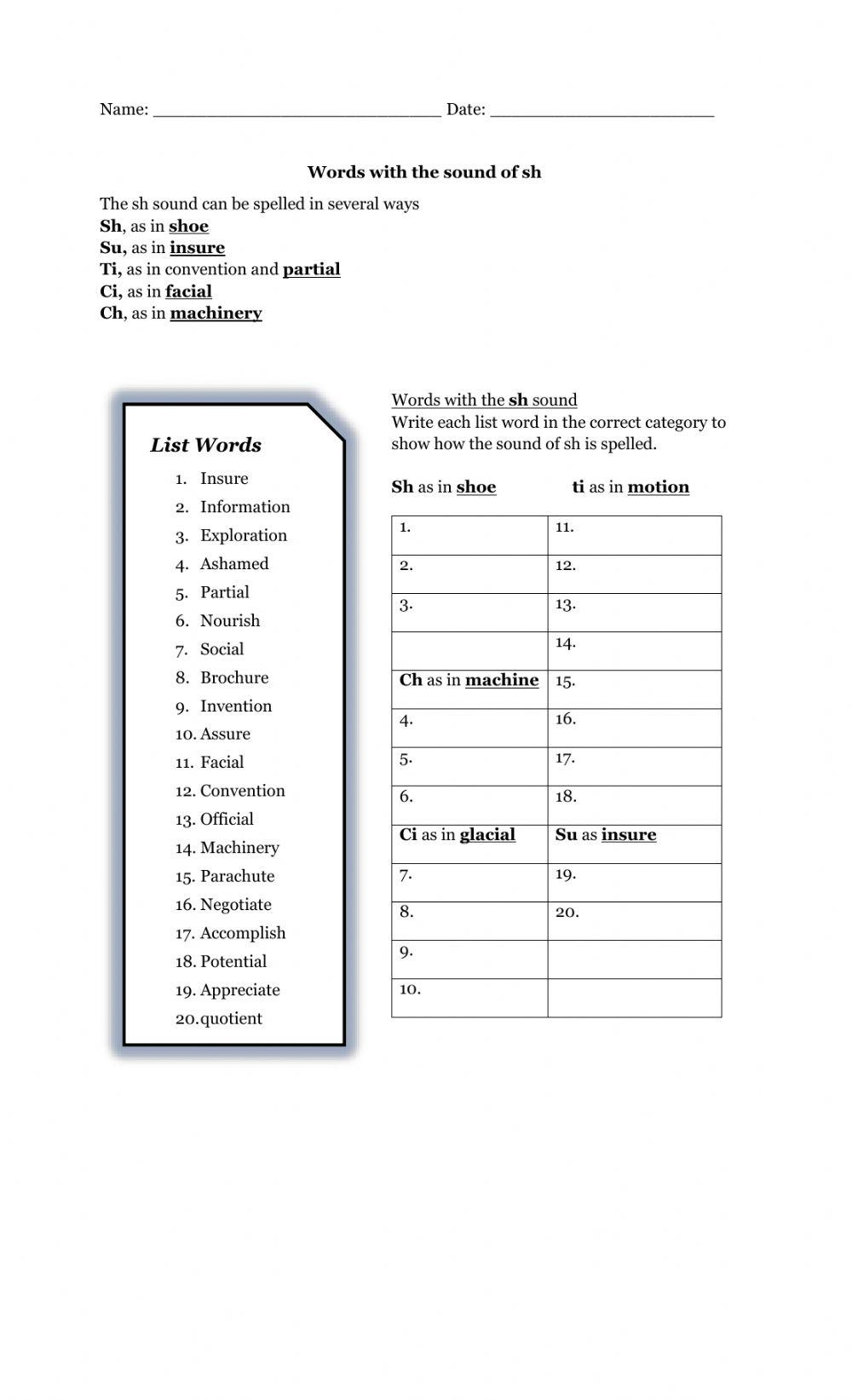 Words with the sound of sh