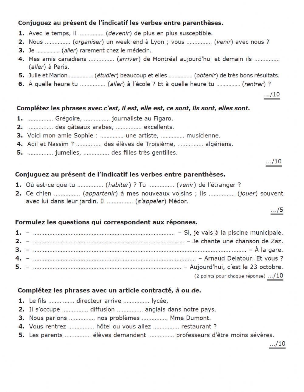 Francais A1 Test de bilan moitié de niveau