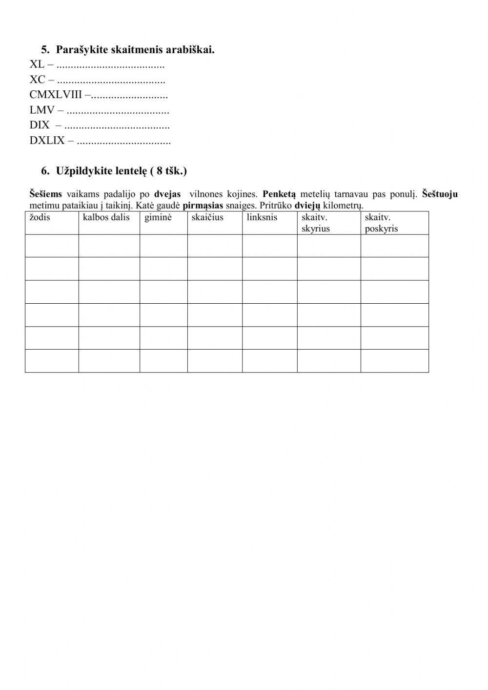 Kontrolinis darbas 7 kl. Skaitvardis