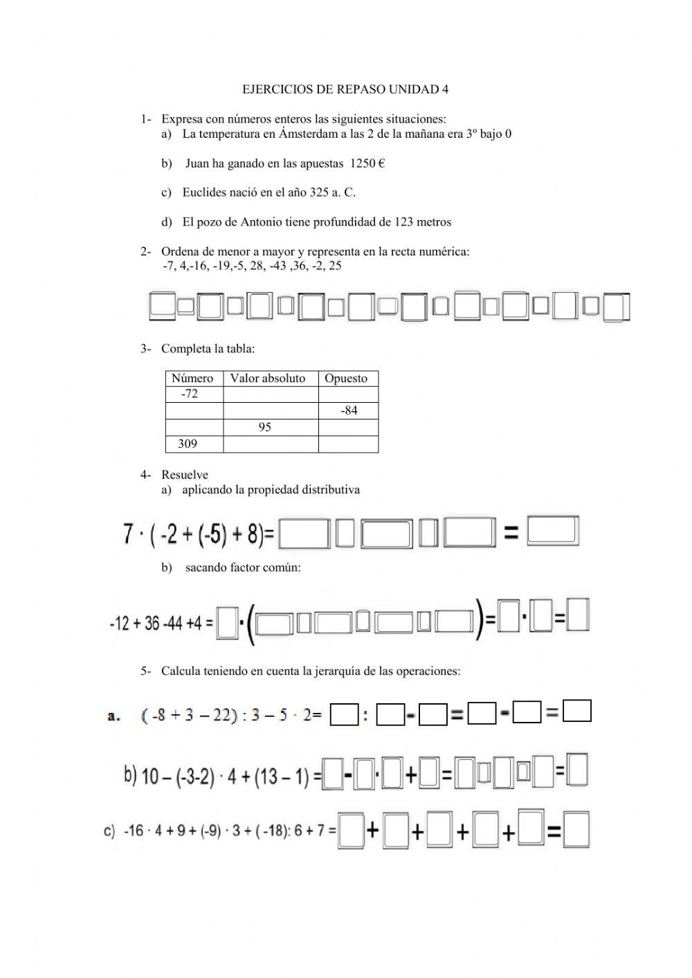 Ejercicios de repaso números enteros