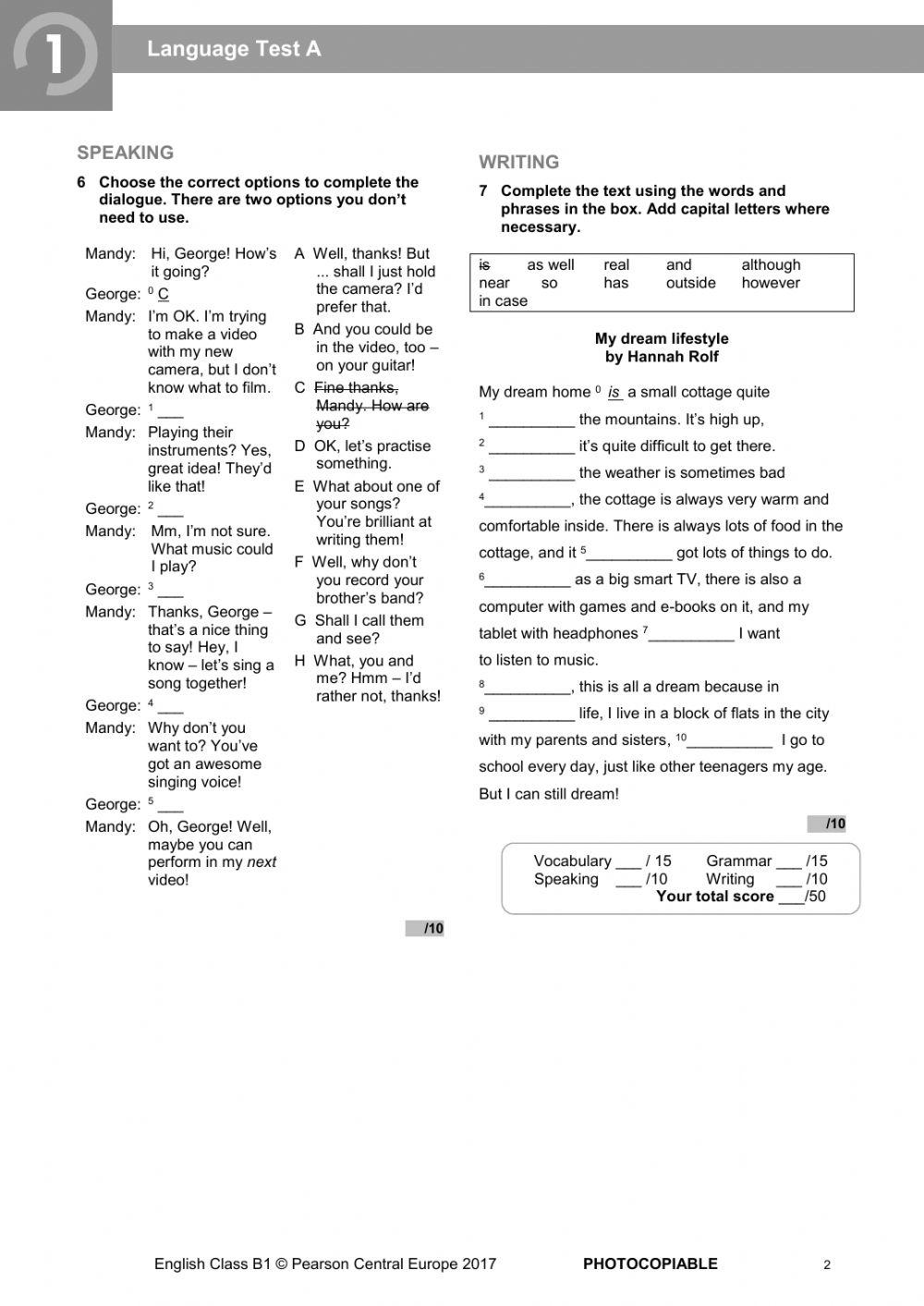English Class B1 Unit 4 Test 6309198 | Test unit 1 English Class b1 | English_Student