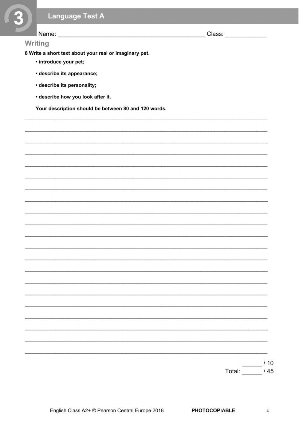 English Class A2 Unit test 3