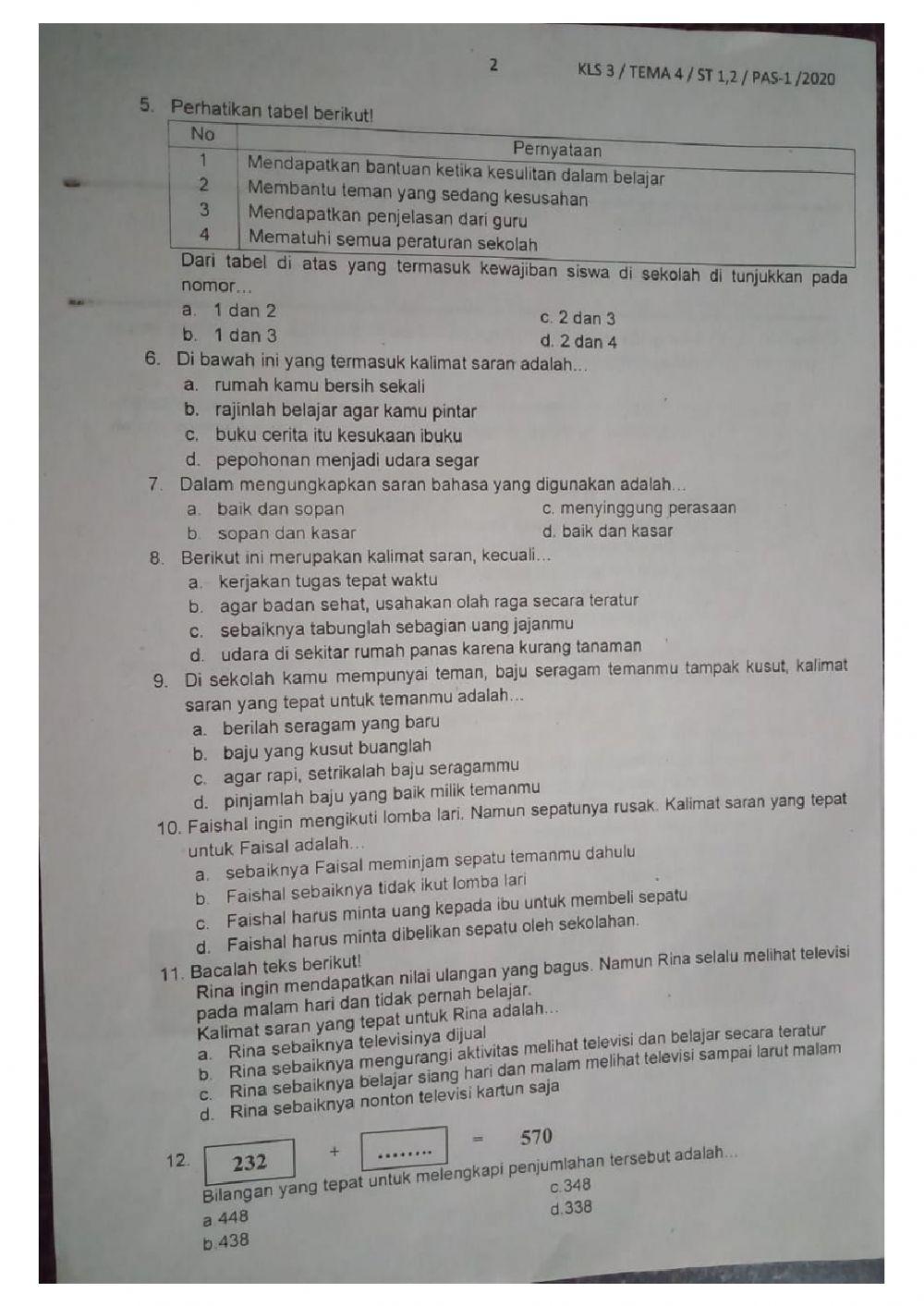 PAS Tematik Tema 4 Sub tema 1 dan 2