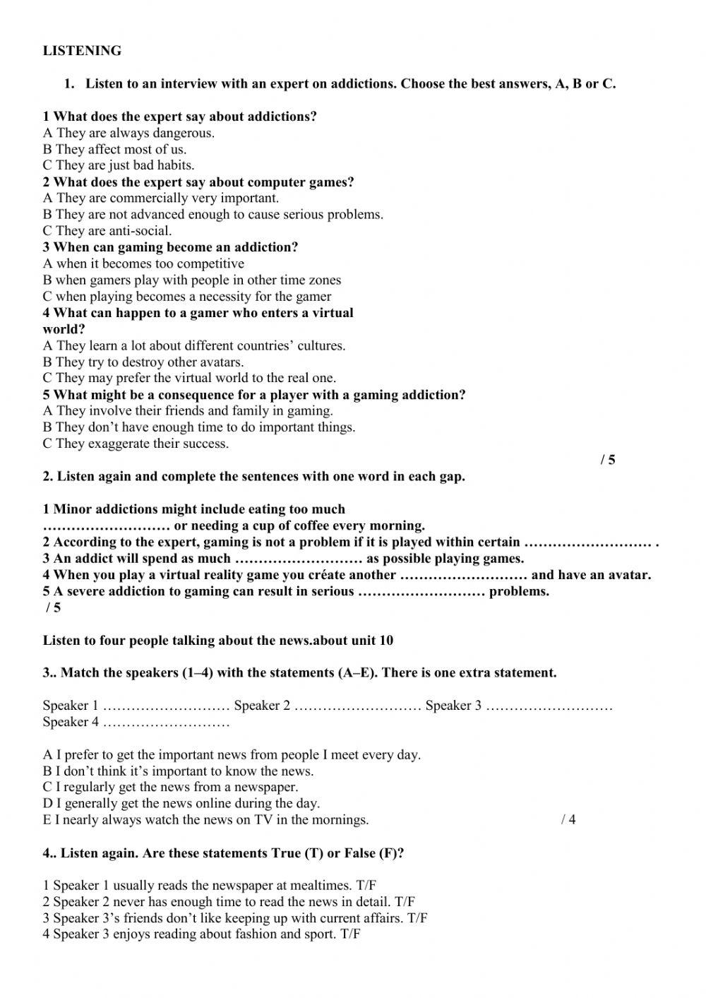 ENGLISH TEST B2 READING AND LISTENING online exercise for | Live Worksheets