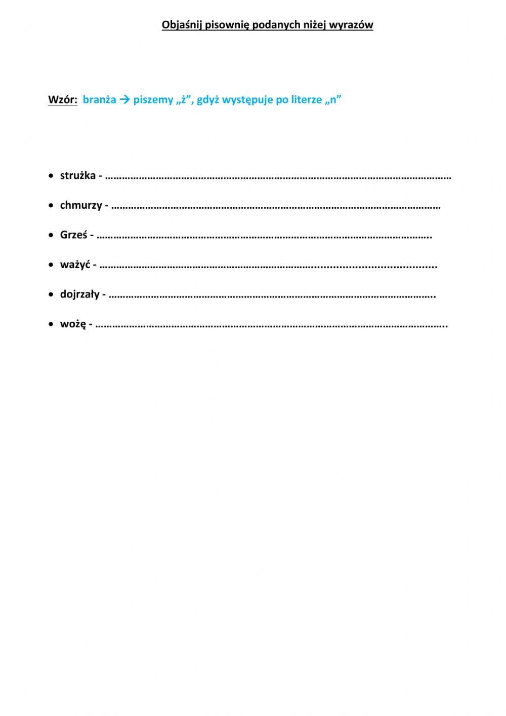 Dyktando rz-ż wraz z wyrazami do objaśnienia reguł