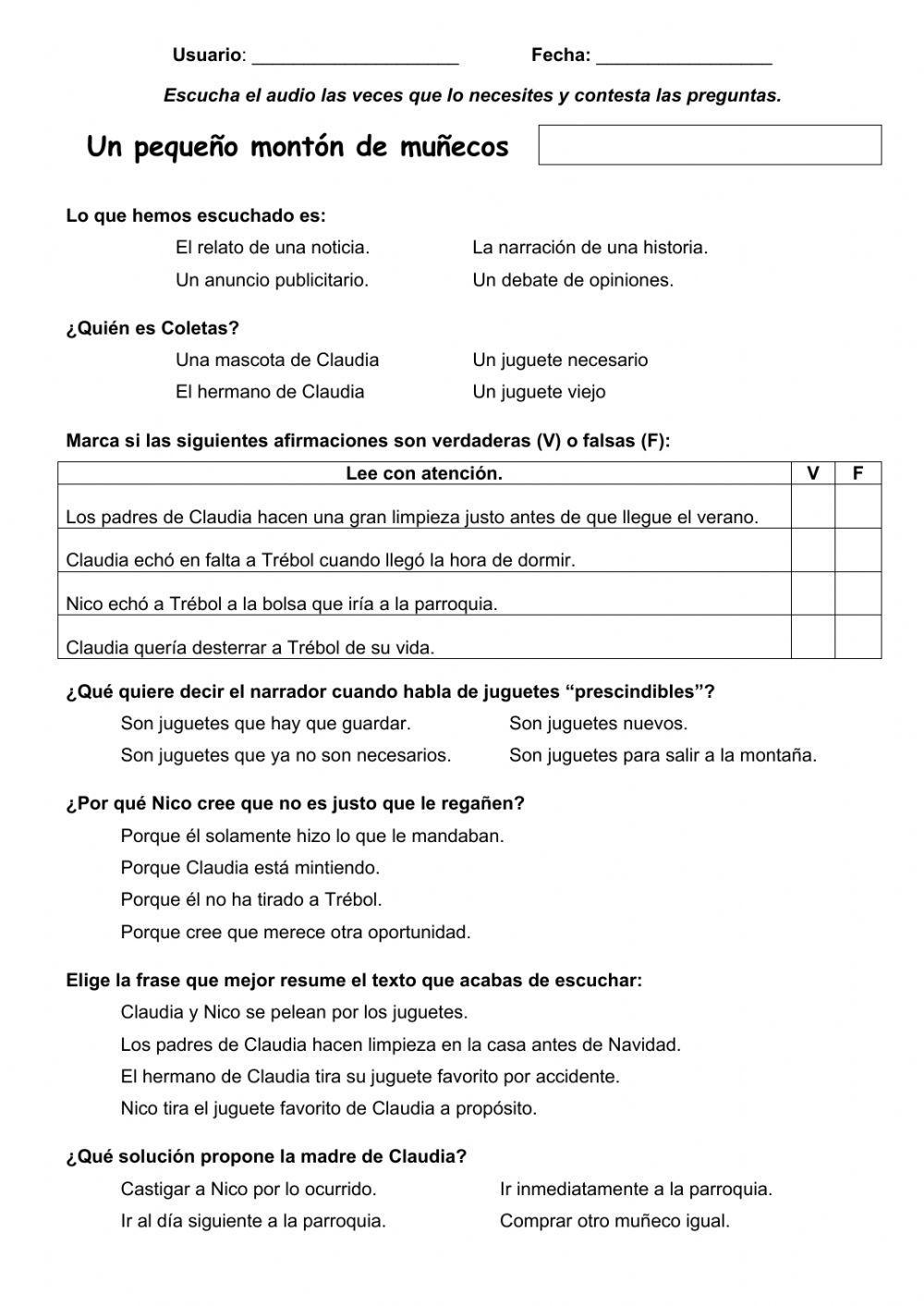 Comprensión oral. Un pequeño montón de muñecos Comprensión oral. Un pequeño montón de muñecos