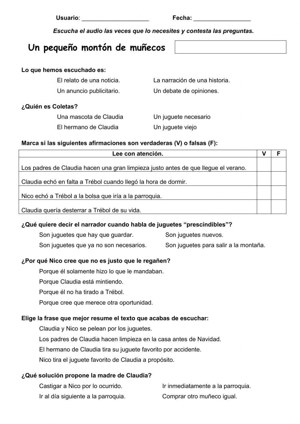 Comprensión oral. Un pequeño montón de muñecos