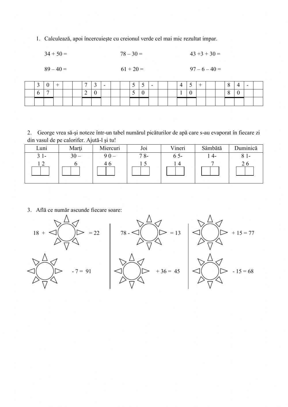 Adunarea si scaderea numerelor 0-100