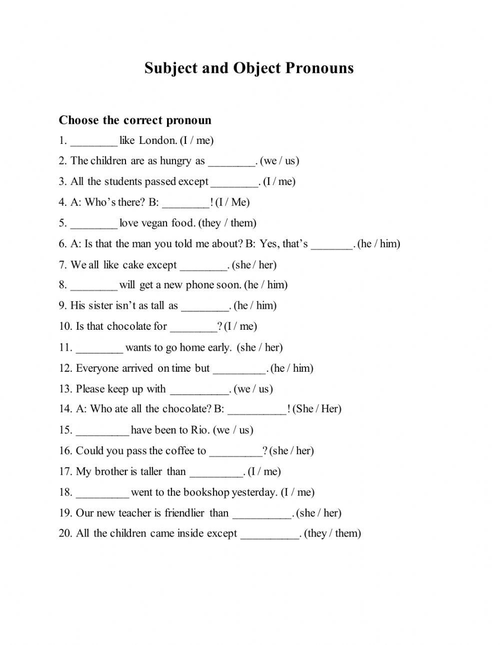 Subject and object pronouns