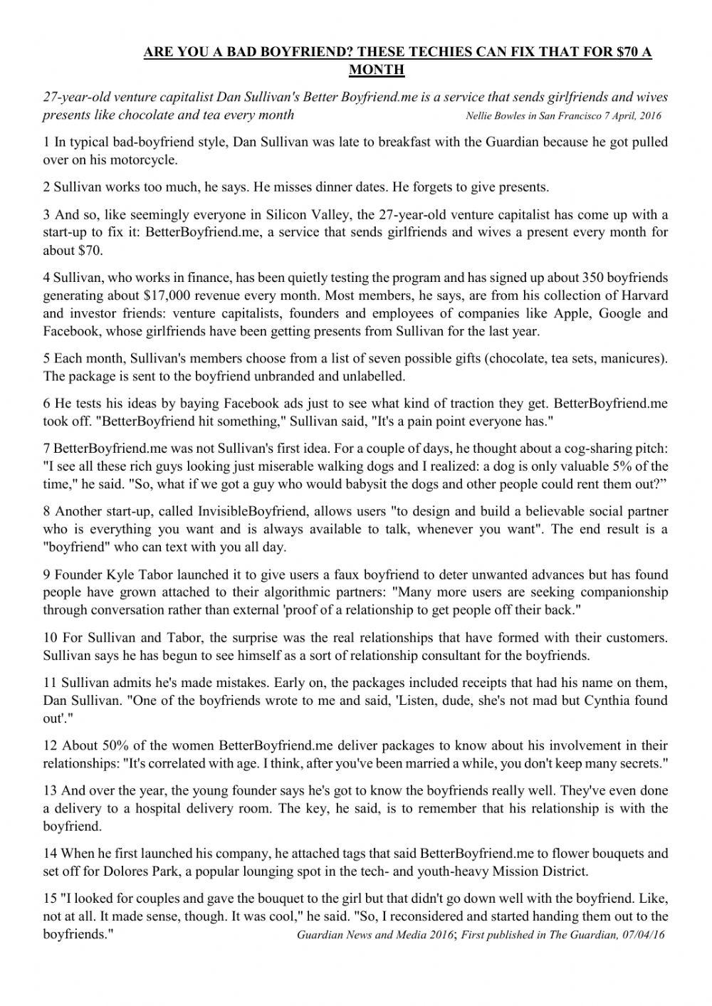 Home reading- Are You A Bad Boyfriend