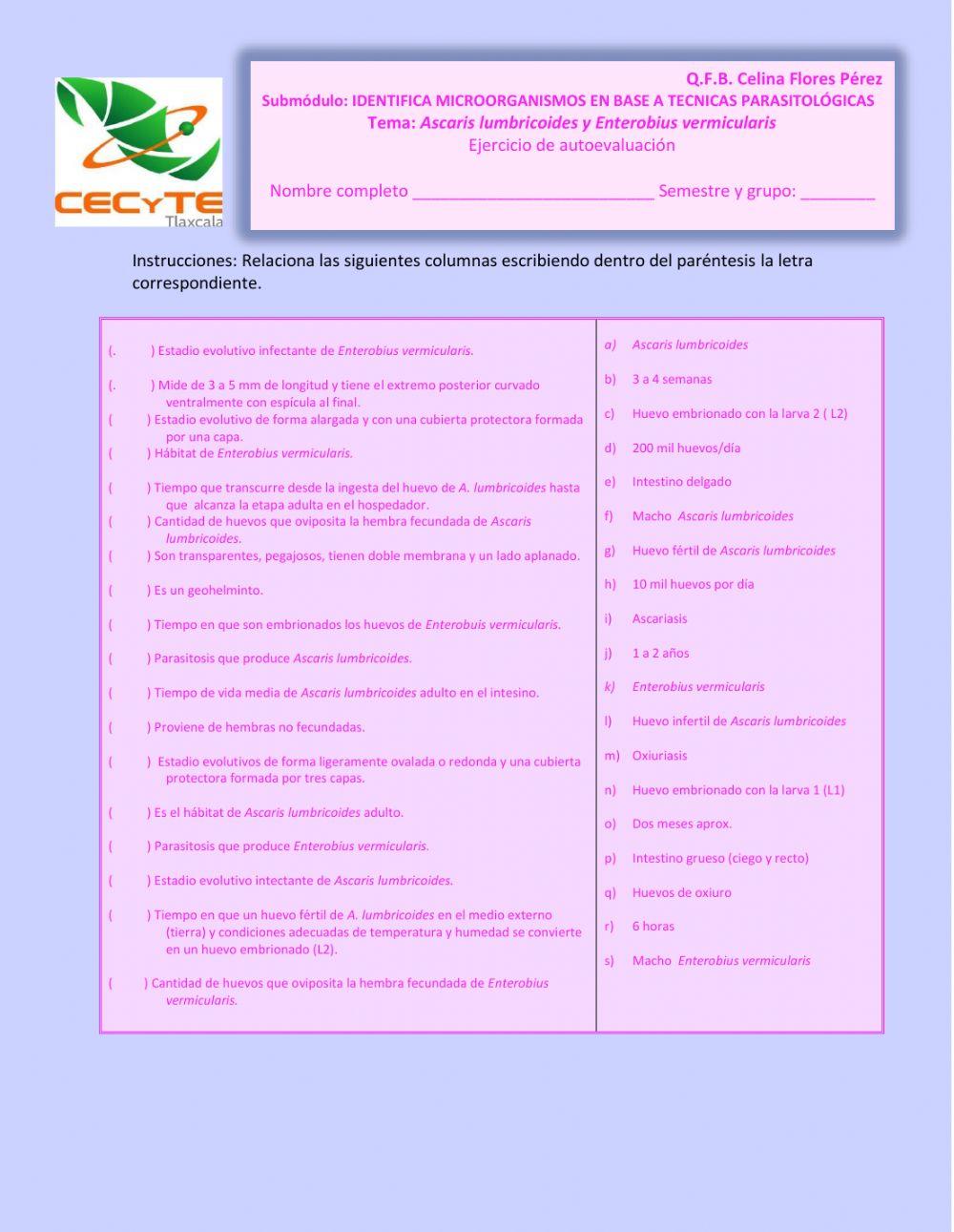 A. lumbricoides y E. vermicularis