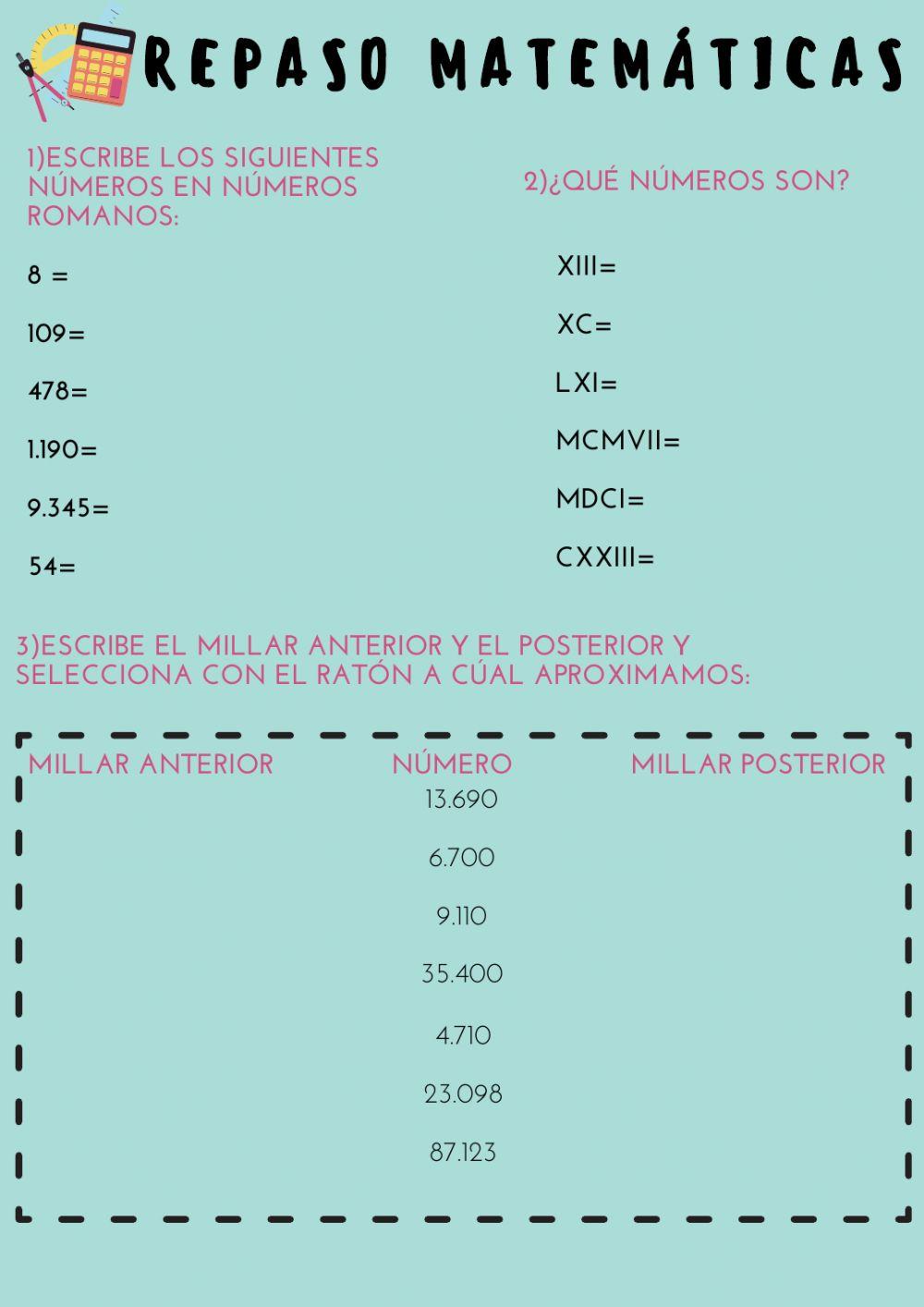 REPASO MATEMÁTICAS 4º EP: números romanos, aproximación y multiplicaciones