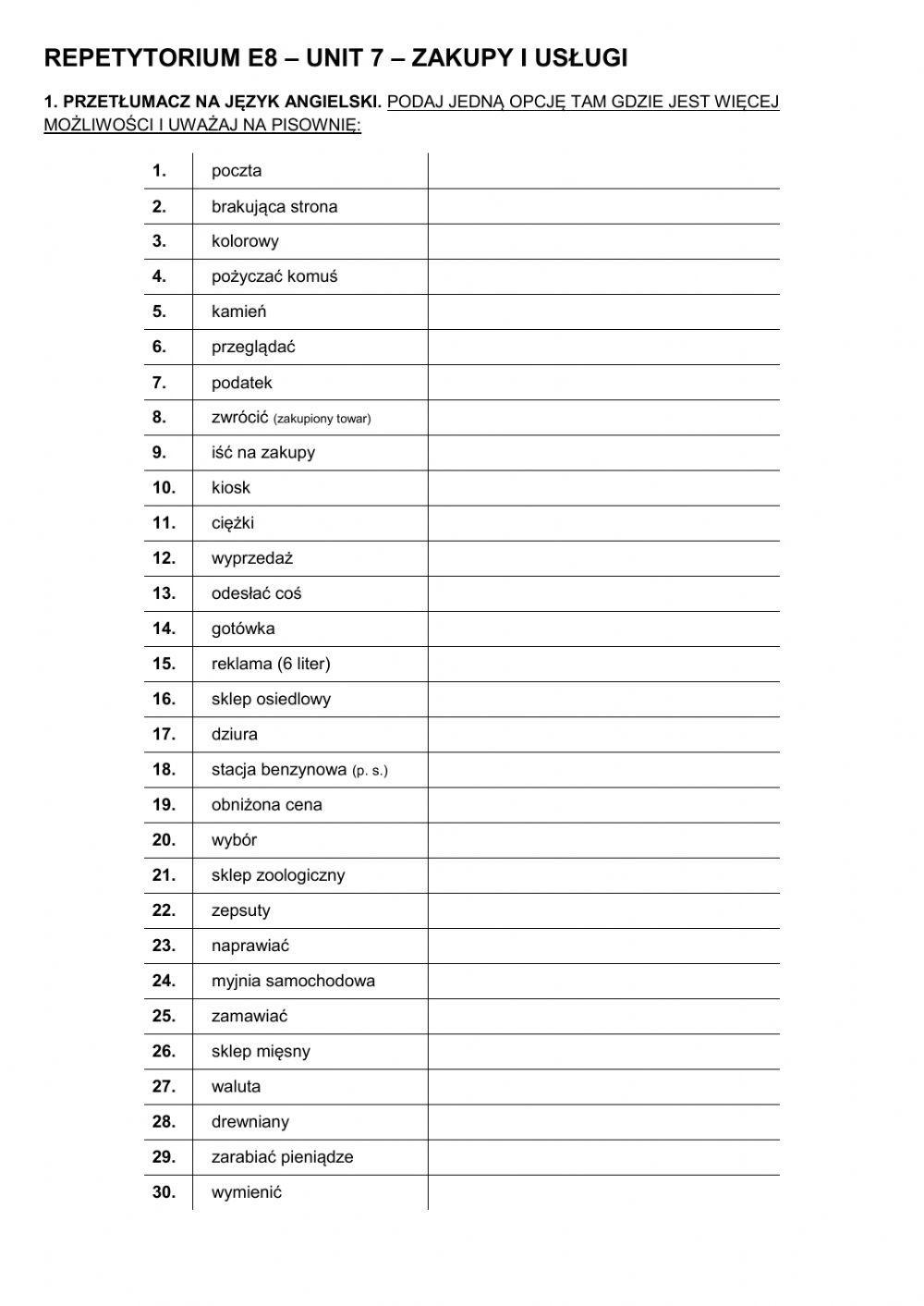 Repetytorium E8 - unit 7 -  zakupy i usługi