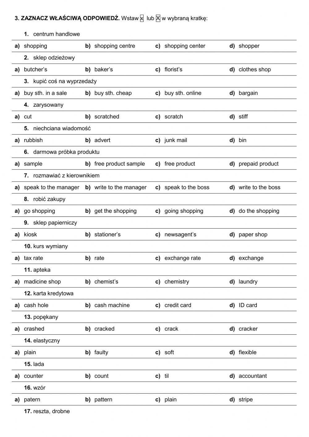 Repetytorium E8 - unit 7 -  zakupy i usługi