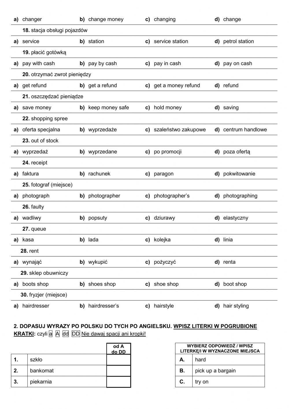 Repetytorium E8 - unit 7 -  zakupy i usługi